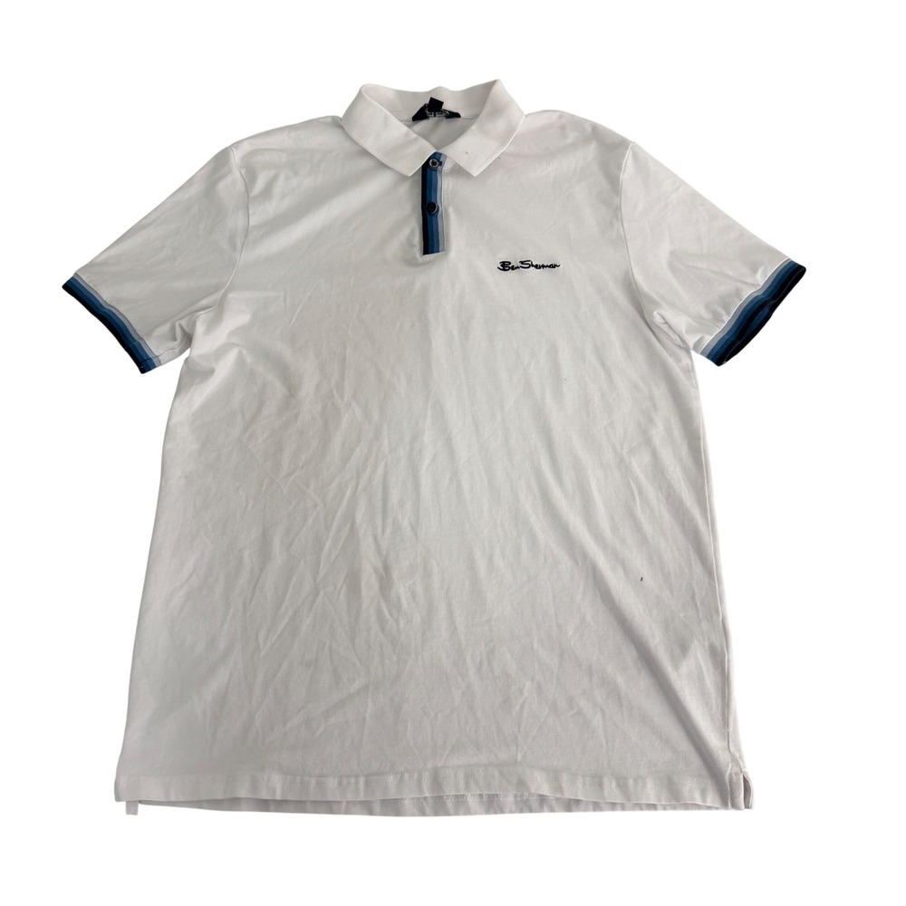 Ben Sherman Polo Shirt Mens Medium Short Sleeve Striped Trim White Casual